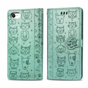 For iPhone 8/7 Cute Cat and Dog Embossed Horizontal Flip PU Leather Case with Holder / Card Slot / Wallet / Lanyard(Grass Green)