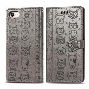 For iPhone 8/7 Cute Cat and Dog Embossed Horizontal Flip PU Leather Case with Holder / Card Slot / Wallet / Lanyard(Grey)