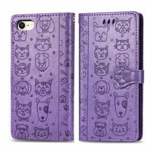 For iPhone 8/7 Cute Cat and Dog Embossed Horizontal Flip PU Leather Case with Holder / Card Slot / Wallet / Lanyard(Light Purple)