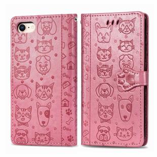 For iPhone 8/7 Cute Cat and Dog Embossed Horizontal Flip PU Leather Case with Holder / Card Slot / Wallet / Lanyard(Pink)