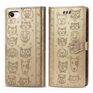 For iPhone 8/7 Cute Cat and Dog Embossed Horizontal Flip PU Leather Case with Holder / Card Slot / Wallet / Lanyard(Gold)