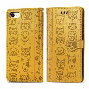For iPhone 8/7 Cute Cat and Dog Embossed Horizontal Flip PU Leather Case with Holder / Card Slot / Wallet / Lanyard(Yellow)