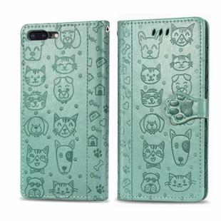 For iPhone 8Plus/7Plus Cute Cat and Dog Embossed Horizontal Flip PU Leather Case with Holder / Card Slot / Wallet / Lanyard(Grass Green)