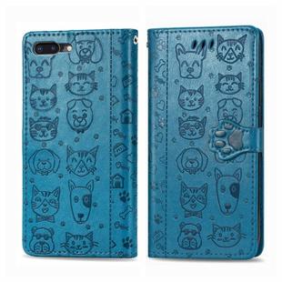 For iPhone 8Plus/7Plus Cute Cat and Dog Embossed Horizontal Flip PU Leather Case with Holder / Card Slot / Wallet / Lanyard(Blue)