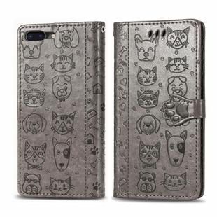 For iPhone 8Plus/7Plus Cute Cat and Dog Embossed Horizontal Flip PU Leather Case with Holder / Card Slot / Wallet / Lanyard(Grey)