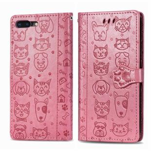 For iPhone 8Plus/7Plus Cute Cat and Dog Embossed Horizontal Flip PU Leather Case with Holder / Card Slot / Wallet / Lanyard(Pink)