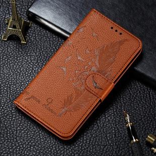 For LG K40S Litchi Texture Feather Embossing Horizontal Flip Leather Case with Holder & Card Slots & Wallet & Photo Frame & Lanyard(Brown)