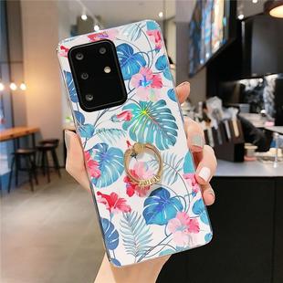For Galaxy A51 Colorful Laser Flower Series IMD TPU Mobile Phone Case With Ring Bracket Rhinestones(Monstera KC3)
