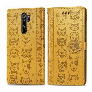 For Xiaomi Redmi Note 8 Pro Cute Cat and Dog Embossed Horizontal Flip PU Leather Case with Holder / Card Slot / Wallet / Lanyard(Yellow)