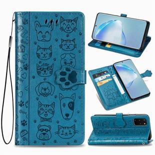 For Galaxy S20 Plus Cute Cat and Dog Embossed Horizontal Flip Leather Case with Bracket / Card Slot / Wallet / Lanyard(Blue)