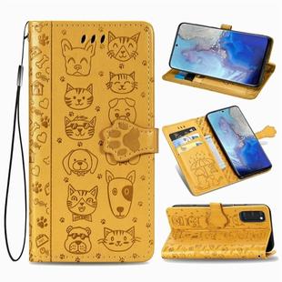 For Galaxy S20 Cute Cat and Dog Embossed Horizontal Flip Leather Case with Bracket / Card Slot / Wallet / Lanyard(Yellow)