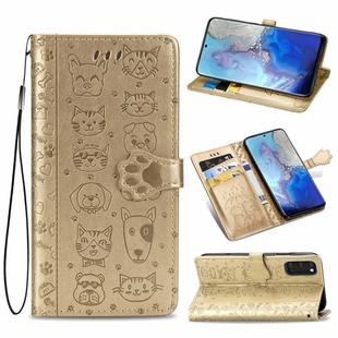 For Galaxy S20 Cute Cat and Dog Embossed Horizontal Flip Leather Case with Bracket / Card Slot / Wallet / Lanyard(Gold)