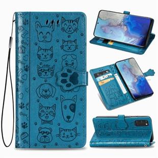 For Galaxy S20 Cute Cat and Dog Embossed Horizontal Flip Leather Case with Bracket / Card Slot / Wallet / Lanyard(Blue)