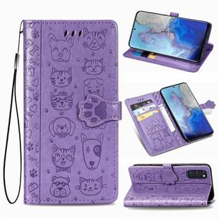 For Galaxy S20 Cute Cat and Dog Embossed Horizontal Flip Leather Case with Bracket / Card Slot / Wallet / Lanyard(Purple)