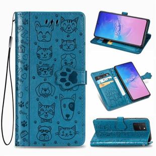 For Galaxy S10 Lite/A91 Cute Cat and Dog Embossed Horizontal Flip Leather Case with Bracket / Card Slot / Wallet / Lanyard(Blue)