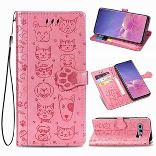 For Galaxy S10E Cute Cat and Dog Embossed Horizontal Flip Leather Case with Bracket / Card Slot / Wallet / Lanyard(Pink)