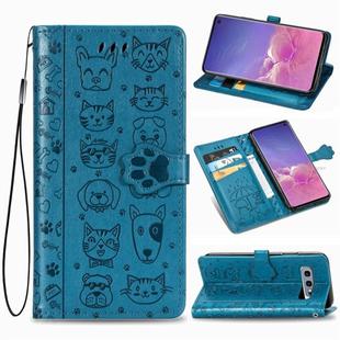 For Galaxy S10E Cute Cat and Dog Embossed Horizontal Flip Leather Case with Bracket / Card Slot / Wallet / Lanyard(Blue)