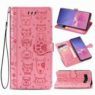 For Galaxy S10 Cute Cat and Dog Embossed Horizontal Flip Leather Case with Bracket / Card Slot / Wallet / Lanyard(Pink)