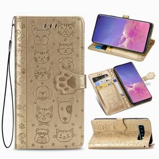 For Galaxy S10 Cute Cat and Dog Embossed Horizontal Flip Leather Case with Bracket / Card Slot / Wallet / Lanyard(Gold)
