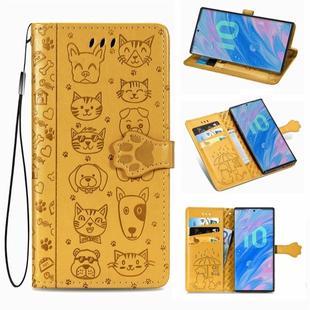 For Galaxy Note 10 Cute Cat and Dog Embossed Horizontal Flip Leather Case with Bracket / Card Slot / Wallet / Lanyard(Yellow)