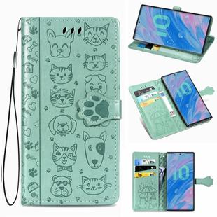 For Galaxy Note 10 Cute Cat and Dog Embossed Horizontal Flip Leather Case with Bracket / Card Slot / Wallet / Lanyard(Green)