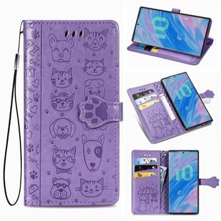 For Galaxy Note 10 Cute Cat and Dog Embossed Horizontal Flip Leather Case with Bracket / Card Slot / Wallet / Lanyard(Purple)
