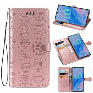 For  Galaxy Note 10 Pro Cute Cat and Dog Embossed Horizontal Flip Leather Case with Bracket / Card Slot / Wallet / Lanyard(Rose Gold)