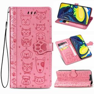 For Galaxy A80/A90 Cute Cat and Dog Embossed Horizontal Flip Leather Case with Bracket / Card Slot / Wallet / Lanyard(Pink)