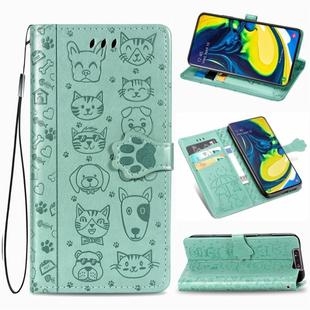 For Galaxy A80/A90 Cute Cat and Dog Embossed Horizontal Flip Leather Case with Bracket / Card Slot / Wallet / Lanyard(Green)