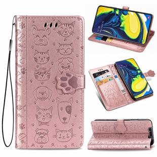 For Galaxy A80/A90 Cute Cat and Dog Embossed Horizontal Flip Leather Case with Bracket / Card Slot / Wallet / Lanyard(Rose Gold)
