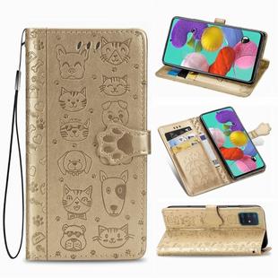 For Galaxy A71 Cute Cat and Dog Embossed Horizontal Flip Leather Case with Bracket / Card Slot / Wallet / Lanyard(Gold)