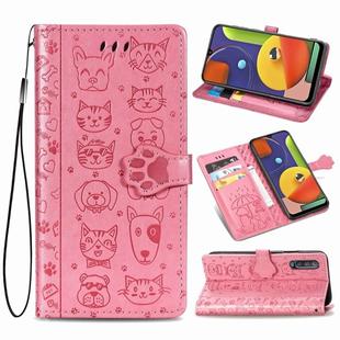 For Galaxy A70/A70S Cute Cat and Dog Embossed Horizontal Flip Leather Case with Bracket / Card Slot / Wallet / Lanyard(Pink)