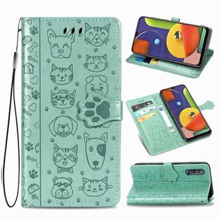 For Galaxy A70/A70S Cute Cat and Dog Embossed Horizontal Flip Leather Case with Bracket / Card Slot / Wallet / Lanyard(Green)