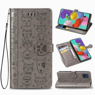 For Galaxy A51 Cute Cat and Dog Embossed Horizontal Flip Leather Case with Bracket / Card Slot / Wallet / Lanyard(Gray)