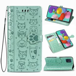 For Galaxy A51 Cute Cat and Dog Embossed Horizontal Flip Leather Case with Bracket / Card Slot / Wallet / Lanyard(Green)