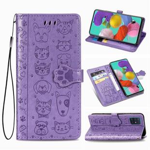 For Galaxy A51 Cute Cat and Dog Embossed Horizontal Flip Leather Case with Bracket / Card Slot / Wallet / Lanyard(Purple)