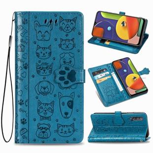 For Galaxy A50/A30S/A50S Cute Cat and Dog Embossed Horizontal Flip Leather Case with Bracket / Card Slot / Wallet / Lanyard(Blue)