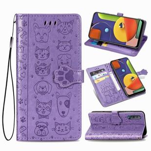 For Galaxy A50/A30S/A50S Cute Cat and Dog Embossed Horizontal Flip Leather Case with Bracket / Card Slot / Wallet / Lanyard(Purple)