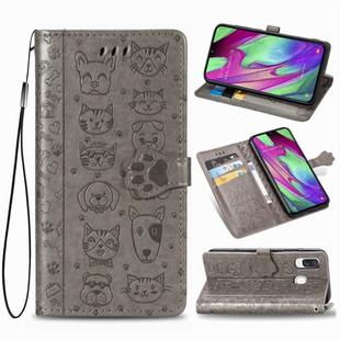 For Galaxy A40 Cute Cat and Dog Embossed Horizontal Flip Leather Case with Bracket / Card Slot / Wallet / Lanyard(Gray)