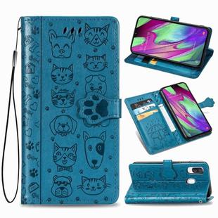 For Galaxy A40 Cute Cat and Dog Embossed Horizontal Flip Leather Case with Bracket / Card Slot / Wallet / Lanyard(Blue)