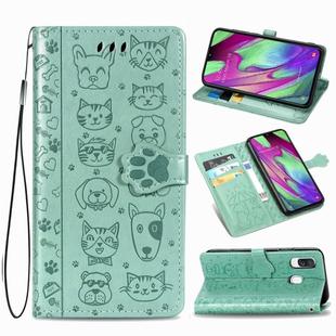 For Galaxy A40 Cute Cat and Dog Embossed Horizontal Flip Leather Case with Bracket / Card Slot / Wallet / Lanyard(Green)