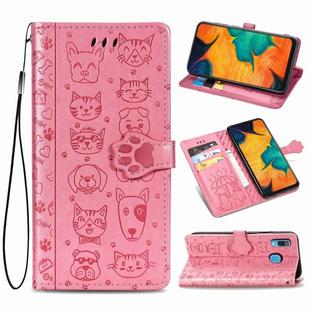 For Galaxy A30 Cute Cat and Dog Embossed Horizontal Flip Leather Case with Bracket / Card Slot / Wallet / Lanyard(Pink)
