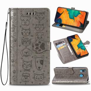 For Galaxy A30 Cute Cat and Dog Embossed Horizontal Flip Leather Case with Bracket / Card Slot / Wallet / Lanyard(Gray)