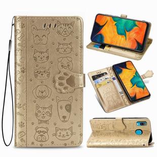 For Galaxy A30 Cute Cat and Dog Embossed Horizontal Flip Leather Case with Bracket / Card Slot / Wallet / Lanyard(Gold)
