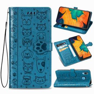 For Galaxy A30 Cute Cat and Dog Embossed Horizontal Flip Leather Case with Bracket / Card Slot / Wallet / Lanyard(Blue)