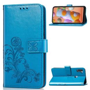 For Galaxy A11 Four-leaf Clasp Embossed Buckle Mobile Phone Protection Leather Case with Lanyard & Card Slot & Wallet & Bracket Function(Blue)