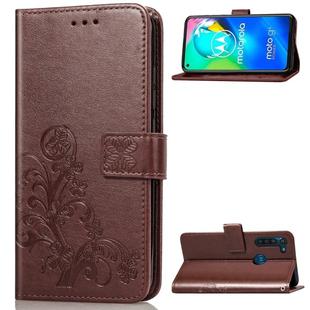 For Moto G8 Power Four-leaf Clasp Embossed Buckle Mobile Phone Protection Leather Case with Lanyard & Card Slot & Wallet & Bracket Function(Brown)