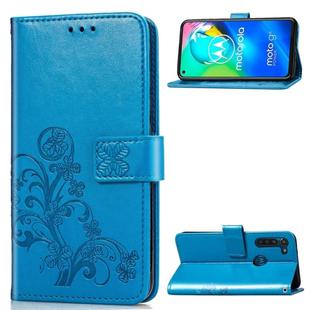 For Moto G8 Power Four-leaf Clasp Embossed Buckle Mobile Phone Protection Leather Case with Lanyard & Card Slot & Wallet & Bracket Function(Blue)