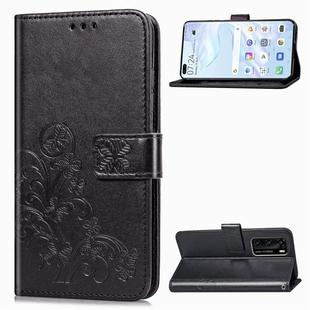 For Huawei P40 Four-leaf Clasp Embossed Buckle Mobile Phone Protection Leather Case with Lanyard & Card Slot & Wallet & Bracket Function(Black)