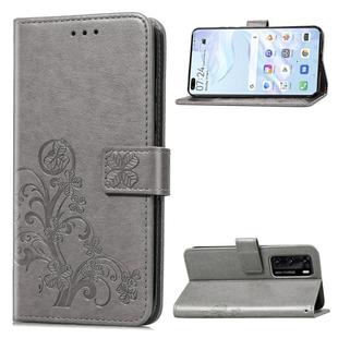 For Huawei P40 Four-leaf Clasp Embossed Buckle Mobile Phone Protection Leather Case with Lanyard & Card Slot & Wallet & Bracket Function(Gray)